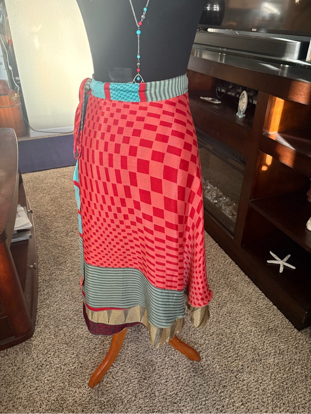 Bright reddish pink geometric  sari wrap skirt